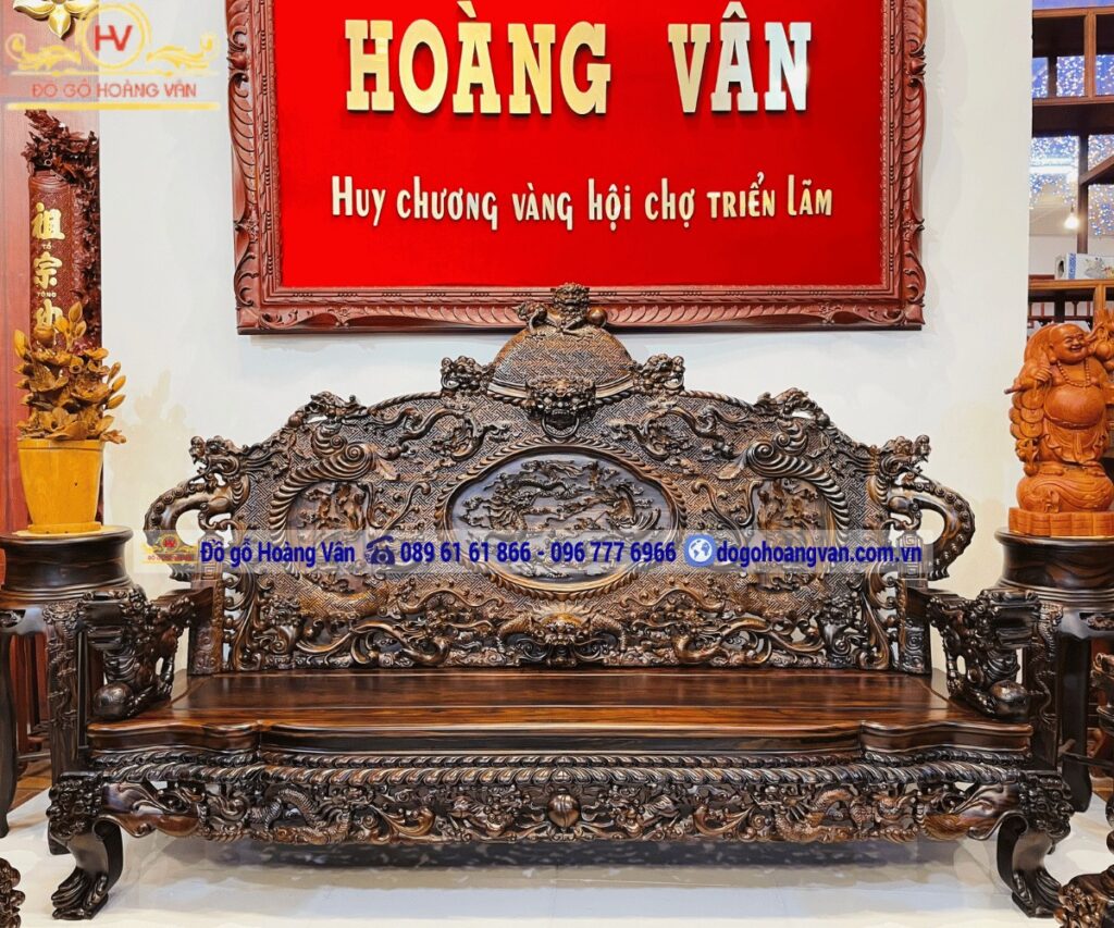 Bàn ghế phòng khách rồng đỉnh gỗ mun hoa lào 