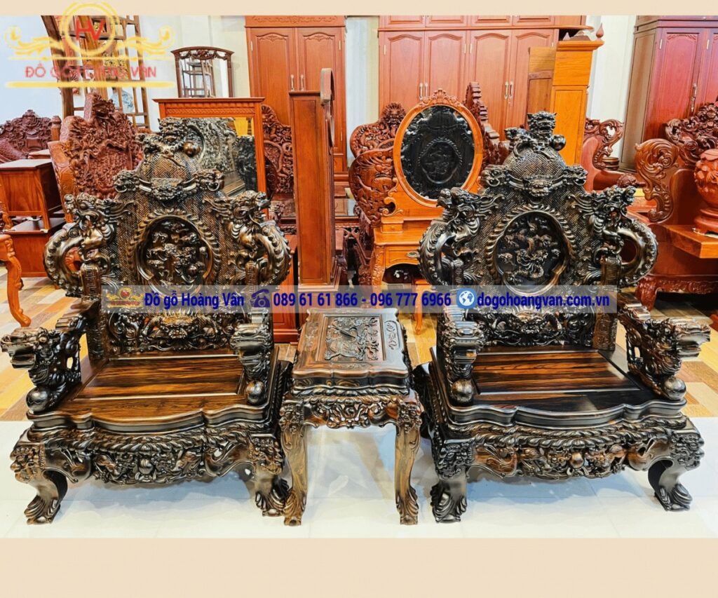 Bàn ghế phòng khách rồng đỉnh gỗ mun hoa lào 