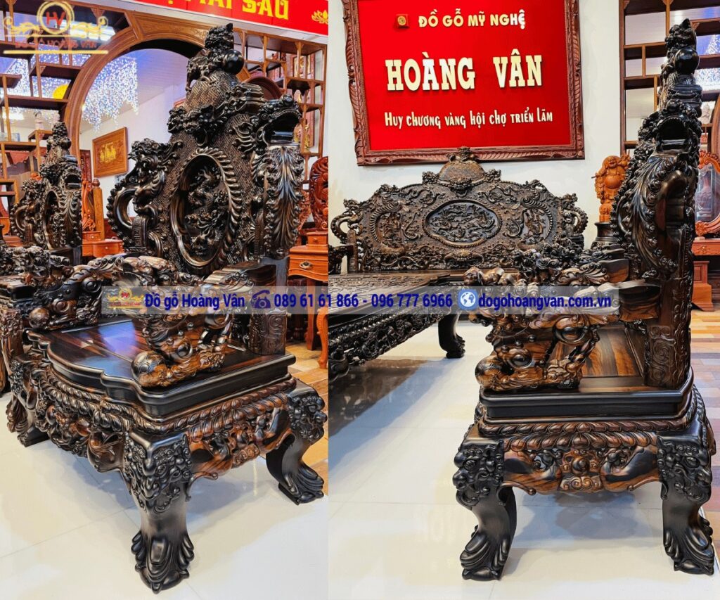 Bàn ghế phòng khách rồng đỉnh gỗ mun hoa lào 